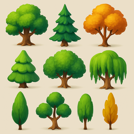 Pack of different tree, painted 3D tree, without black lines around it!
In-Game asset.  High contrast.  No shadows. 3D