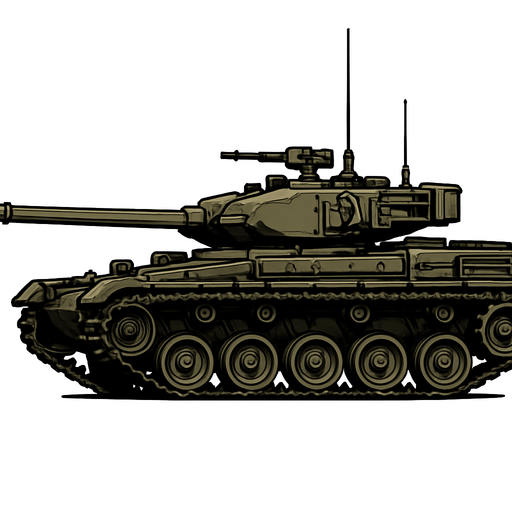 Savaş tankı, gerçekçi, yandan görünüm, yazısız.
In-Game asset.  High contrast.  No shadows