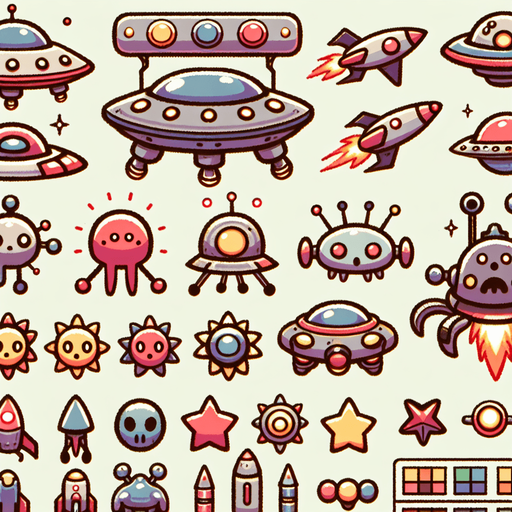 Spritesheet, Including spaceships, UFOs, Boss monster, Space monster...
Studio Ghibli. Mobile game. Colorful. hand drawn. cute, fun. In-Game asset. 2d. Blank background. High contrast. No shadows.