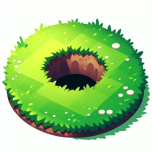 small hole in the lawn.
Single Game Texture. In-Game asset. 2d. Blank background. High contrast. No shadows.