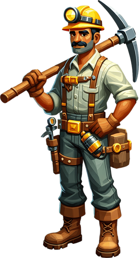 Miner.
Single Game Texture.  In-Game asset.  2d.  Blank background.  No shadows