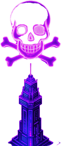 Top down isometric neon cyberpunk anime tower spire 3d hologram glowing purple hd large poison symbol projected overhead