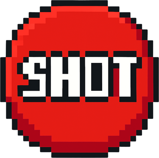 un boton rojo que en medio dice shot hecho con pixeles.
In-Game asset.  2d.  High contrast.  No shadows