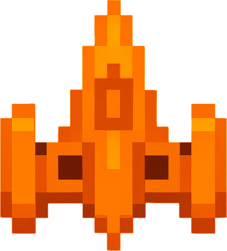 It's a spaceship made of orange pixels, reminiscent of arcade games..
In-Game asset.  2d.  High contrast.  No shadows