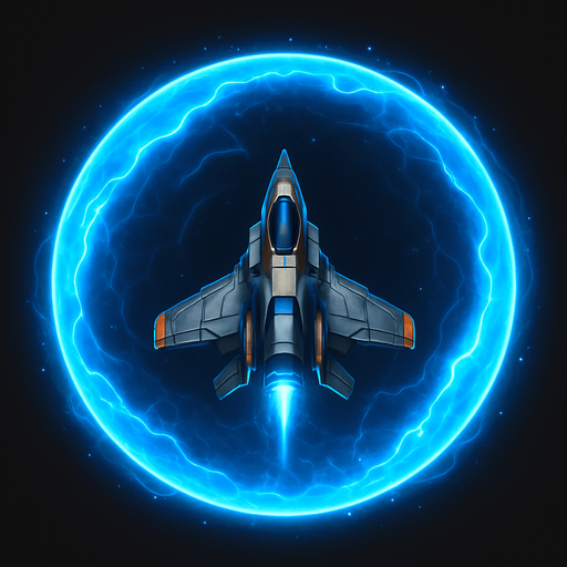 A 2D sci-fi energy shield around a space fighter ship, glowing with electric blue and cyan hues, forming a semi-transparent spherical barrier with pulsing light, subtle hexagonal patterns, and animated energy ripples. The shield should look powerful and futuristic, slightly reflective, and designed for a top-down space shooter game. Transparent background, digital art, perfect for sprite-based visual effects..
In-Game asset.  2d.  High contrast.  No shadows