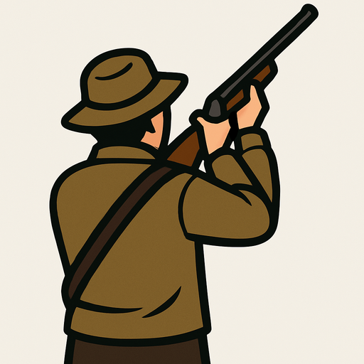 Silahını yukarı doğrultup nişan almış bir ördek avcısının arkadan görünüşünü çiz.
In-Game asset.  2d.  High contrast.  No shadows