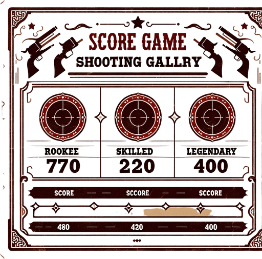 a western shooting gallery ranking charts written rookie (70) skilled(220) legendary (400).
Single Game Texture. In-Game asset. 2d. Blank background. High contrast. No shadows.
