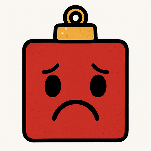 a sad square red Christmas decoration..
In-Game asset.  2d.  High contrast.  No shadows