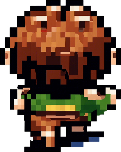 The hobbit is jumping. His feet stick out on either side as he jumps.  Pixel art