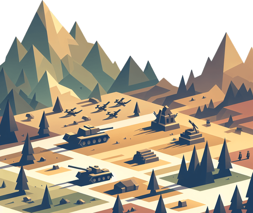 A 2d war symmetrical landscape low Polly.
Single Game Texture. In-Game asset. 2d. Blank background. No shadows.
