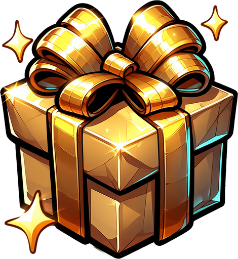 super christmas present, golden, cartoon Single Game Texture. In-Game asset. 2d. Blank background. High contrast. No shadows.