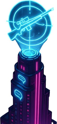 Top down isometric neon cyberpunk anime talk futuristic tower spire 3d sniper bullseye gun symbol glowing hd large hologram over top