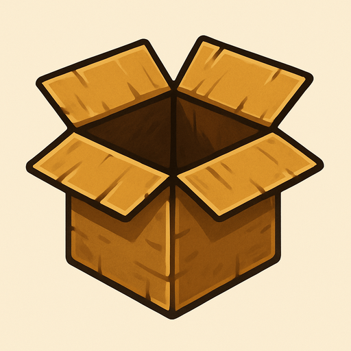 open cardboard box.
Single Game Texture.  In-Game asset.  2d.  Blank background.  High contrast.  No shadows
