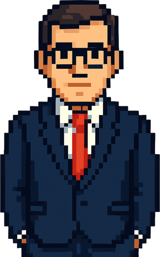 Hombre ejecutivo mirando a la cámara pixel art.
In-Game asset.  2d.  High contrast.  No shadows