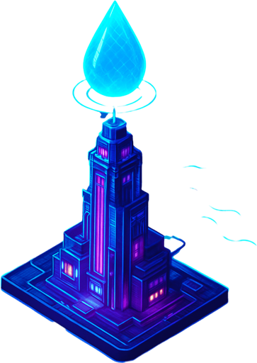 Top down isometric neon cyberpunk anime talk futuristic tower spire 3d ocean glowing hd large blue water drop hologram over top