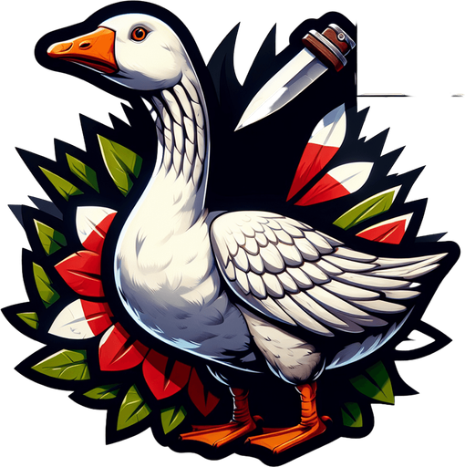 Goose with a knife.
Single Game Texture.  In-Game asset.  2d.  Blank background.  High contrast.  No shadows