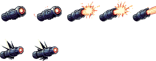 Create a series of pixel art images depicting a blaster shot. The blaster shot should be represented by a small, glowing projectile with a trail of smoke or sparks. The animation should consist of eight frames and loop continuously. Use a limited color palette of 16 colors or less, simple shapes and lines, and transparency for a seamless background. Employ standard pixel art techniques like dithering and anti-aliasing.
Bright flash, sizzling sound, swift arc, fading glow.