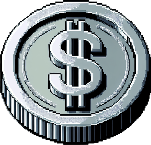 silver coin, $ sign on it, snes art.
Single Game Texture.  In-Game asset.  2d.  Blank background.  High contrast.  No shadows