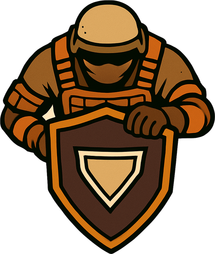 Üstten bakış agır kalkanlı kalkanı önüne tutmuş  modern asker.
In-Game asset.  2d.  High contrast.  No shadows