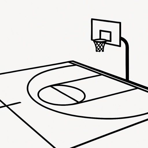 A minimalist black and white basketball court background. The court is shown from a side view or slightly isometric angle. It includes clear outlines for the hoop, backboard, half court line, and three-point arc, all in clean black lines on a white surface (or vice versa). The style is modern, simple, and flat — no players, just the environment..
In-Game asset.  2d.  High contrast.  No shadows