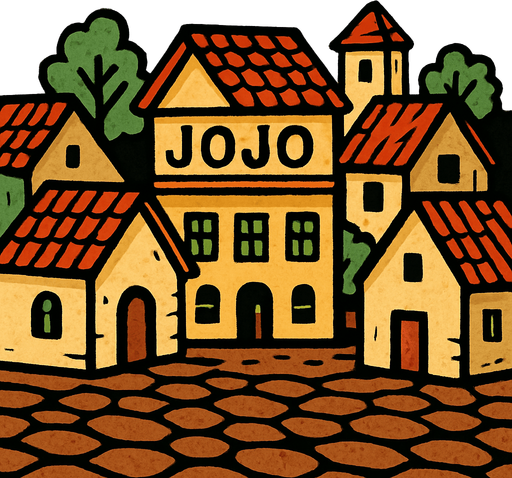 Un pueblo con casa y un piso café jojo's.
In-Game asset.  2d.  High contrast.  No shadows