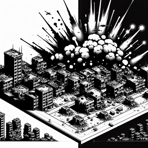 a city that is wartorn and has many explosoins and brocken buildings.
Single Game Texture.  In-Game asset.  2d.  Blank background.  High contrast.  No shadows