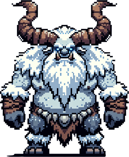 A winter horned ogre enemy character. pixelart. front view.. Single Game Texture. In-Game asset. 2d. Blank background. High contrast. No shadows.