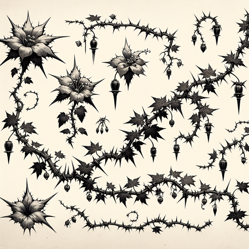 a single wildvine with spikes and flowers dangling..
Single Game Texture. In-Game asset. 2d. Blank background. High contrast. No shadows.