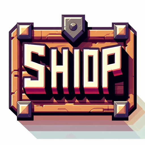 a text that is written "shop".
Single Game Texture. In-Game asset. 2d. Blank background. High contrast. No shadows.
