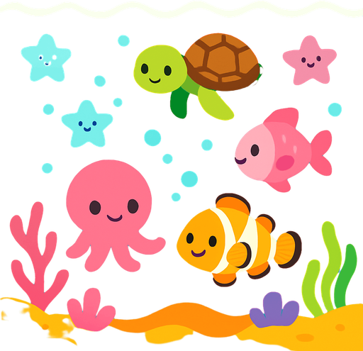 Fond d'écran océan mignon.
In-Game asset.  2d.  High contrast.  No shadows