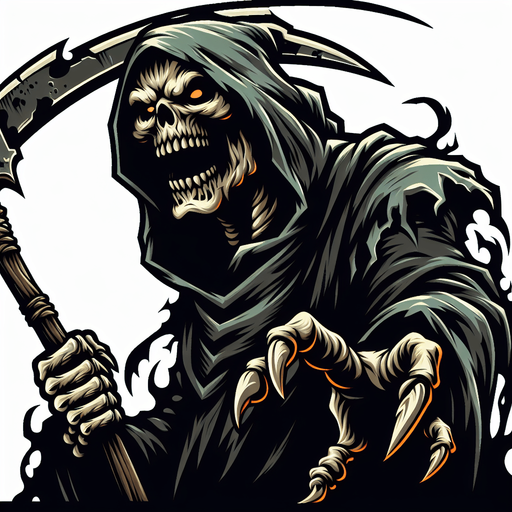 full body angry taunt orc grim reaper style.
Single Game Texture.  In-Game asset.  2d.  Blank background.  High contrast.  No shadows