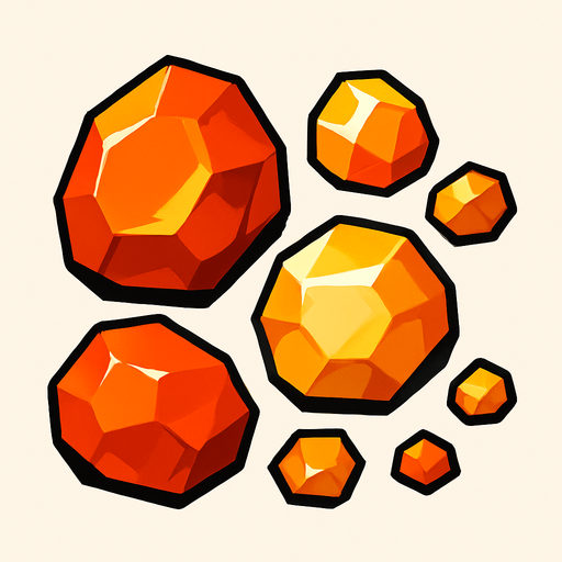 Chunky, crystalline fragments

```
- Shape: Angular, geometric crystal-like chunks
- Colors: Orange-red (#FF4400), yellow (#FFAA00), white
- Surface: Slightly reflective, faceted appearance
- Size variations: 3 different sizes (small, medium, large).
In-Game asset.  2d.  High contrast.  No shadows