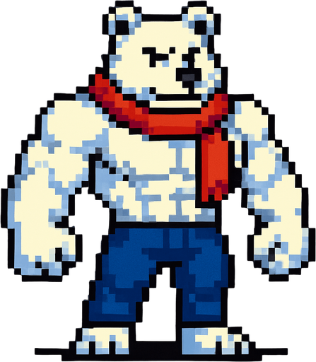 Oso polar furry fuerte con bufanda y pantalones largos y sin camisa, pixeleado.
In-Game asset.  2d.  High contrast.  No shadows