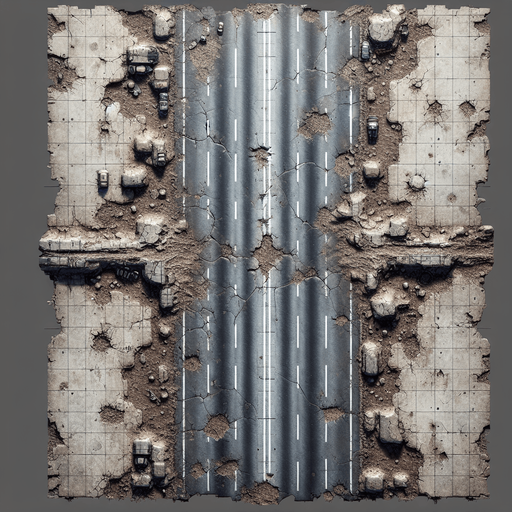 Over head view of a section of road for an endless vertical shooter. Scarred and pitted by battle. High definition..
Single Game Texture. In-Game asset. 2d. Blank background. High contrast. No shadows.