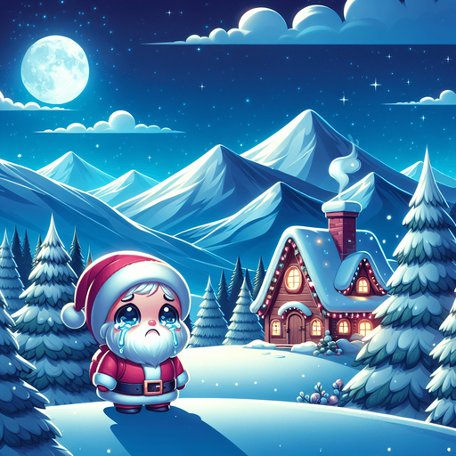 A sad landscape with santa's house, pines, snow, mountains in the back, at night. A cute sad santa crying with big tears in the front. clean feeric style. Background image. 2d. Blank background. Color. High contrast. No shadows.