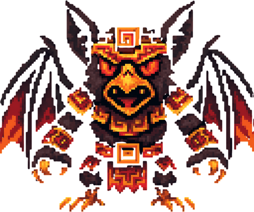 Genérame una Halcon Murcielago guerrero azteca con eso patrones, estilo pixelar, con una apariencia maligna, ojos rojos, rabioso. Unidad aerea con alas. Animal.
In-Game asset.  2d.  High contrast.  No shadows