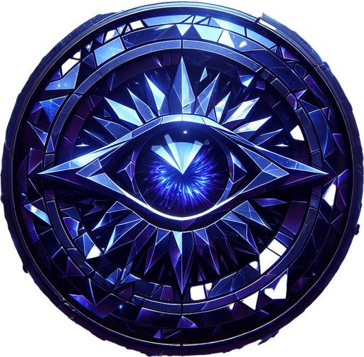 A sharply focused eye symbol in deep indigo color. Could also be a fractured mirror shard reflecting light, or an indigo crystal with internal sparks/light flashes..
Single Game Texture.  In-Game asset.  2d.  Blank background.  High contrast.  No shadows