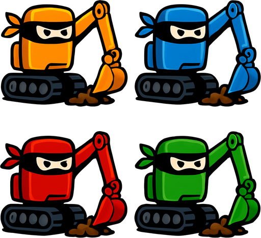 Different frames of a ninja digger, different colors, HD colors.
In-Game asset.  2d.  High contrast.  No shadows