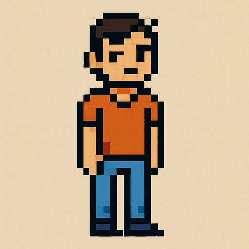 Personaje hombre casual mirando a la cámara pixel art.
In-Game asset.  2d.  High contrast.  No shadows