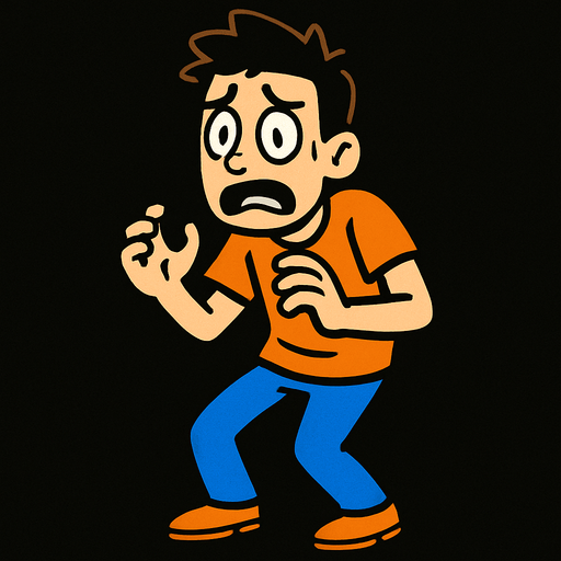 korkmuş turuncu tişörtlü mavi pantolonlu genç bir insan.
In-Game asset.  2d.  High contrast.  No shadows