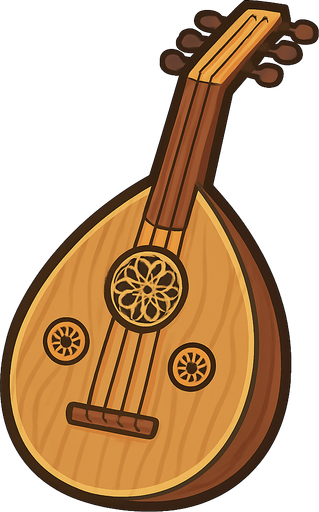 A clean, stylized 2D illustration of a traditional Middle Eastern oud instrument. The body should be teardrop-shaped with a wooden texture, 5–6 tuning pegs, and ornate sound holes. The image should have a warm, earthy color palette (browns and golds) with soft shadows and a clear outline. Designed in cartoon or flat vector style, suitable for mobile games. Export as a transparent background PNG, so it can be placed over any UI or background. Should be visually clear even at small sizes..
In-Game asset.  2d.  High contrast.  No shadows