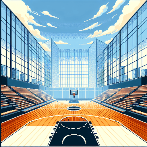 background of a basketball court seen from the perspective of a player. pixelated. 8 bit.
Single Game Texture. In-Game asset. 2d. Blank background. High contrast. No shadows.