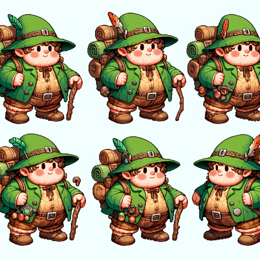 A spritesheet showing various poses of a chubby little hobbit wandering. he is in a green hunter's coat and with a green hat with a feather in it, and is carrying a backpack and holding a walking stick. there are many trinkets in his belt, some edible..
Single Game Texture. In-Game asset. 2d. Blank background. High contrast. No shadows.