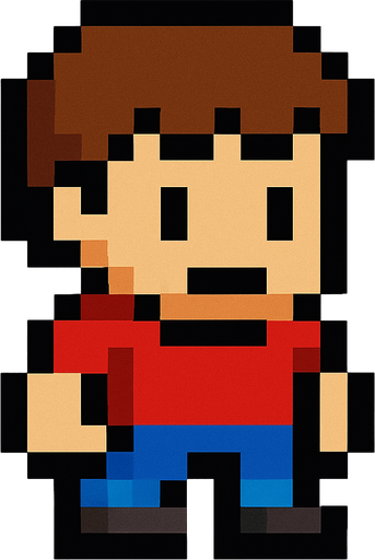 Make an 8 bit boy with brown hair.
In-Game asset.  2d.  High contrast.  No shadows