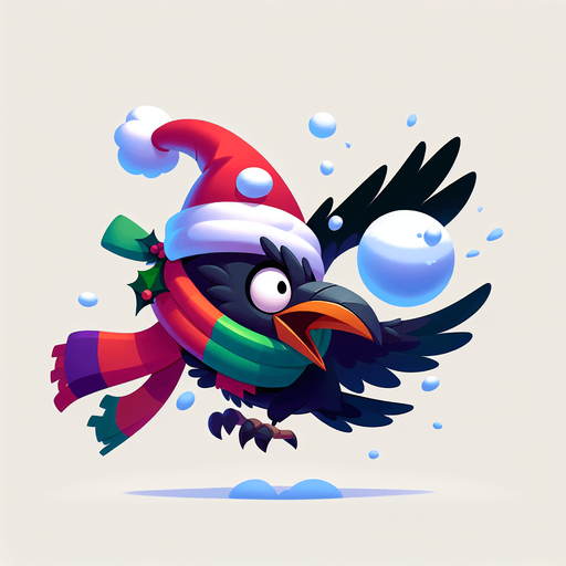 raven with christmas hat and colorful scarf got hit by a snowball in the air, he is shocked, cartoon Single Game Texture. In-Game asset. 2d. Blank background. High contrast. No shadows.