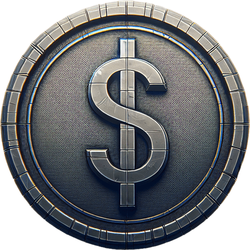 dollar coin Single Game Texture. In-Game asset. 2d. Blank background. High contrast. No shadows.