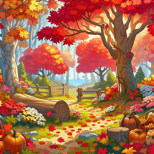 A background image for a puzzle video game depicting the season of fall. Cartoon.
Single Game Texture. In-Game asset. 2d. Blank background. High contrast. No shadows.