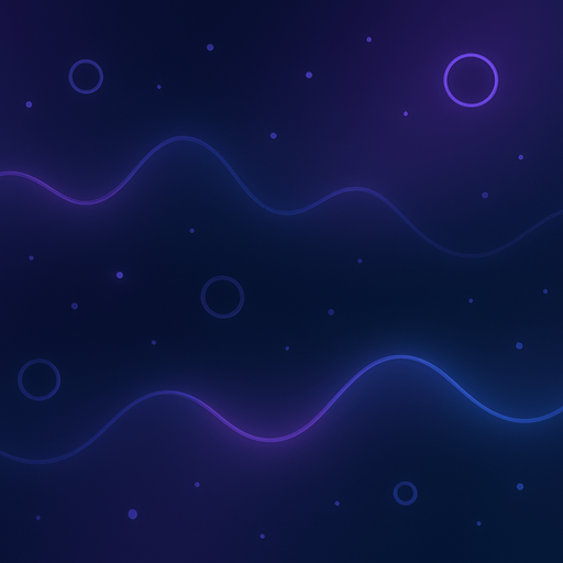 Design a seamless looping 2D abstract background for a rhythm-based game.
Color palette: dark blue, black, soft purples — with faint neon pulses.
Include soft gradients, subtle waveform lines, and floating particles or rings.
The background should feel immersive and reactive, but not distract from gameplay elements.
Style: futuristic, ambient, minimalistic digital art.
No characters or sharp objects.
Ideal for side-scrolling or freely moving 2D rhythm gameplay..
In-Game asset.  2d.  High contrast.  No shadows