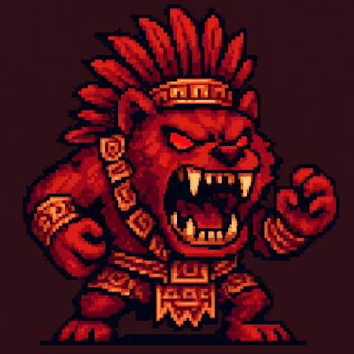 Genérame una Demonio de Tasmnia guerrero azteca con eso patrones, estilo pixelar, con una apariencia maligna, ojos rojos, rabioso. POderes, super rojo y rabioso, como un ejfe final. Animal. No tiene arams solo una gran y poderosa mordida.
In-Game asset.  2d.  High contrast.  No shadows