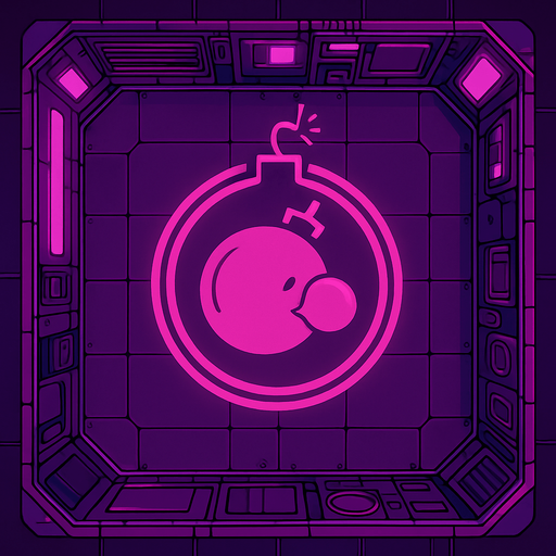 2D Top floor of tower facing the screen to use it as a grid. future. Cyberpunk. abstract. seen from above. HD colors. No Diagonal assets. Pink color. Big logo of a Gum bomb on the middle of it.